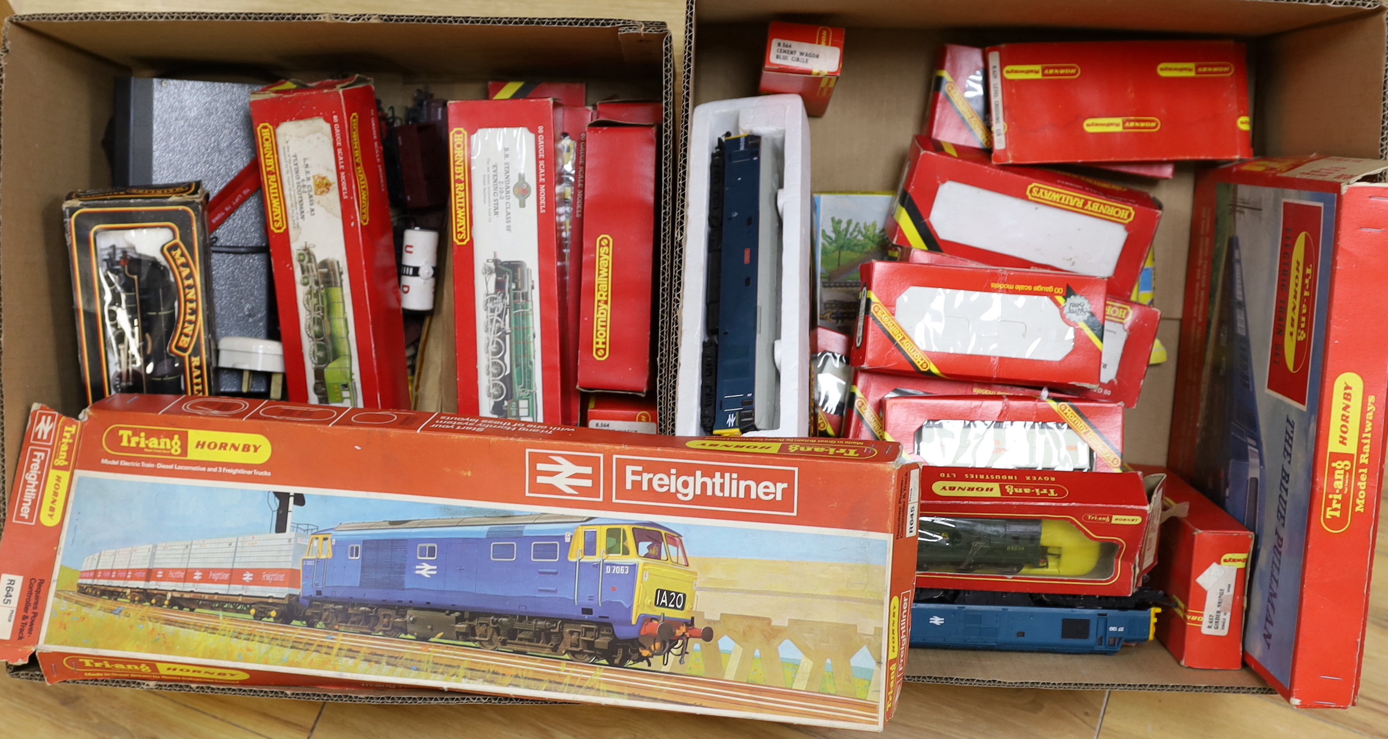 Two boxes of 00 gauge model railway by Hornby Railways, Mainline, Lima, Tri-ang, etc.